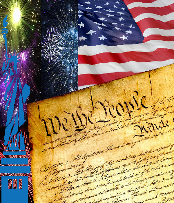 Images of the Statue of libirty, fireworks, American flag, and the Preamble to the U.S. Constitution. Forground states that the Greentree Solid Waste Authority office and yard will be closed on Friday July 4th, 2025