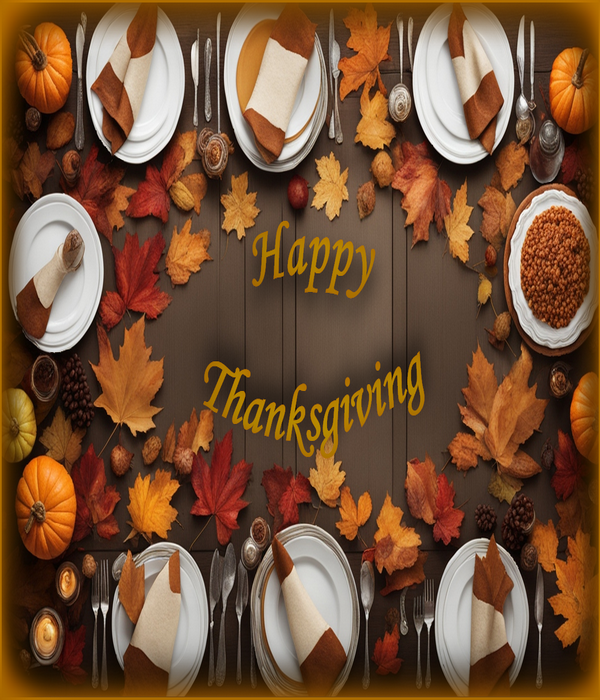 Table with thanksgiving dishes and decorations, the words Happy Thanksgiving in the middle of table. click on picture for more information